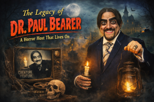 Dr Paul Bearer legacy graphic showing original Creature Feature host on vintage TV and modern Dr Paul Bearer holding lantern