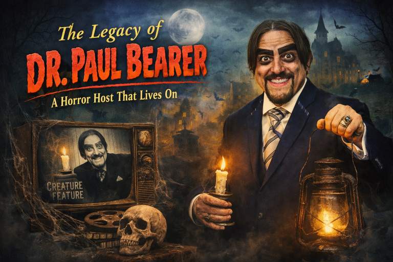 Dr Paul Bearer legacy graphic showing original Creature Feature host on vintage TV and modern Dr Paul Bearer holding lantern