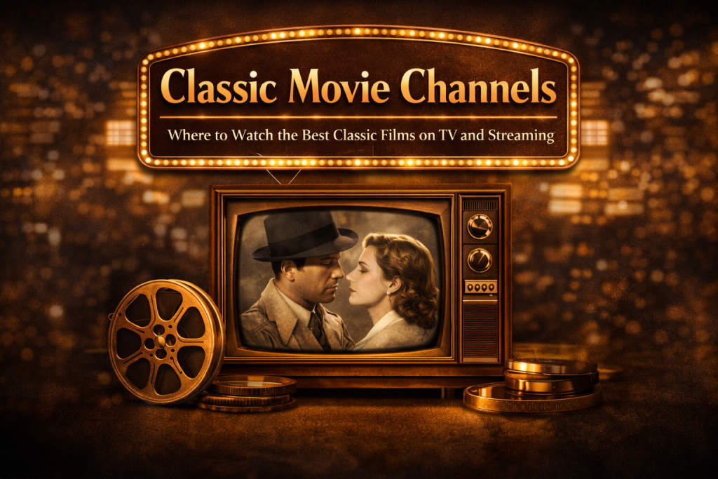Classic movie channels retro TV screen featuring classic film scene