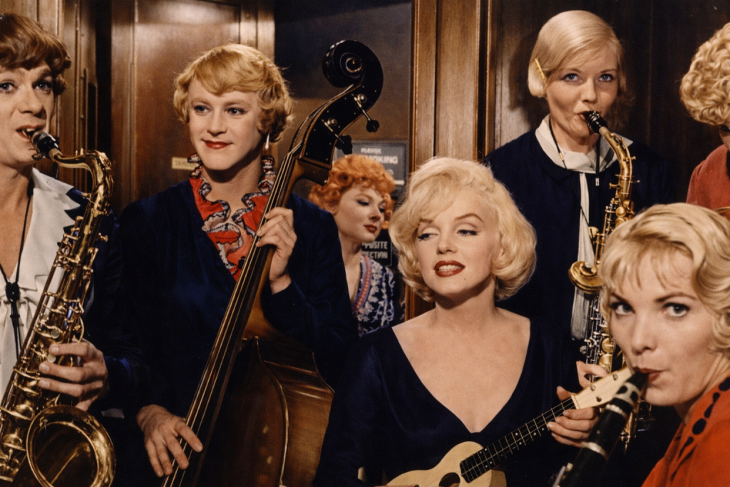 Scene from Some Like It Hot 1959 classic comedy film featuring Marilyn Monroe in a band performance setting.